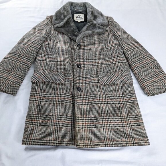 VTG Woolrich Gray Black Red Plaid Houndstooth Wool Fur Lined Long Coat 60s 70s - Picture 3 of 9